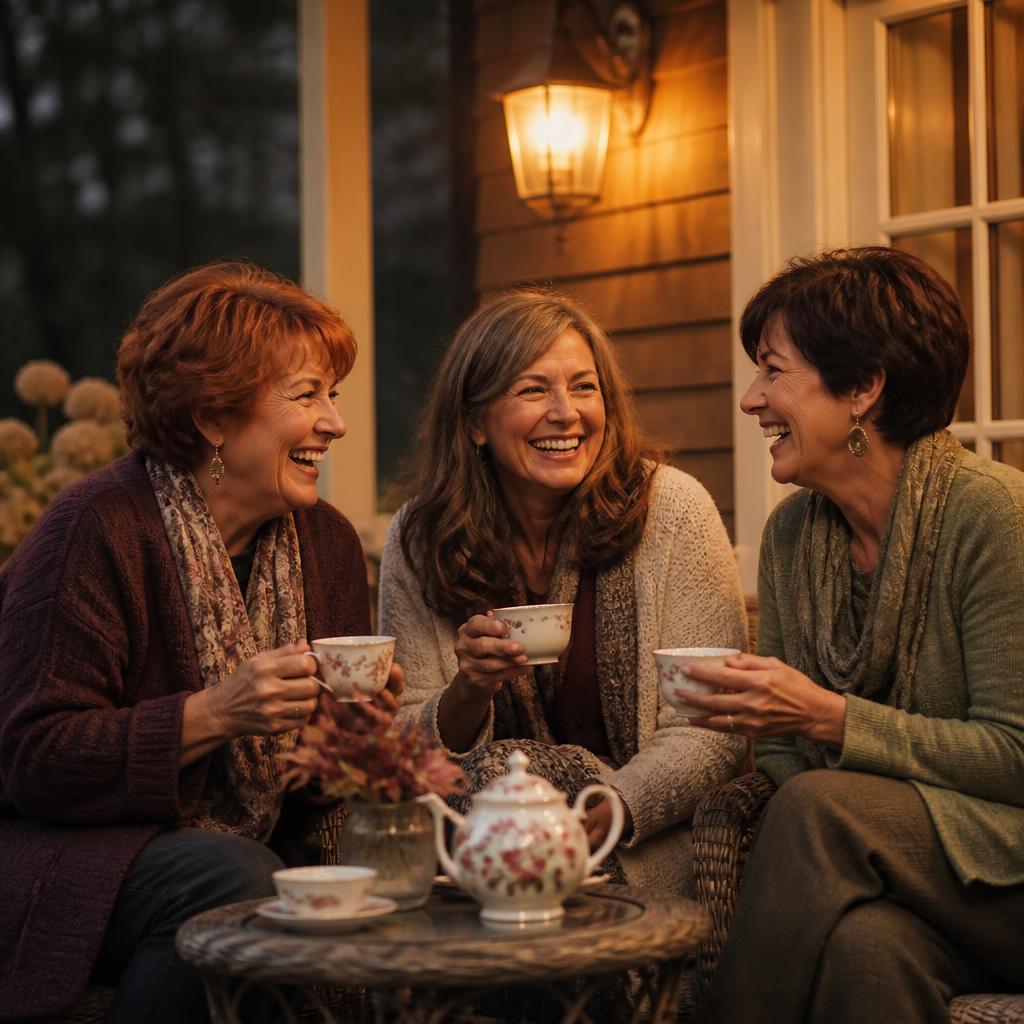 Three women laughing together over tea on a front porch at dusk, the porch light glowing