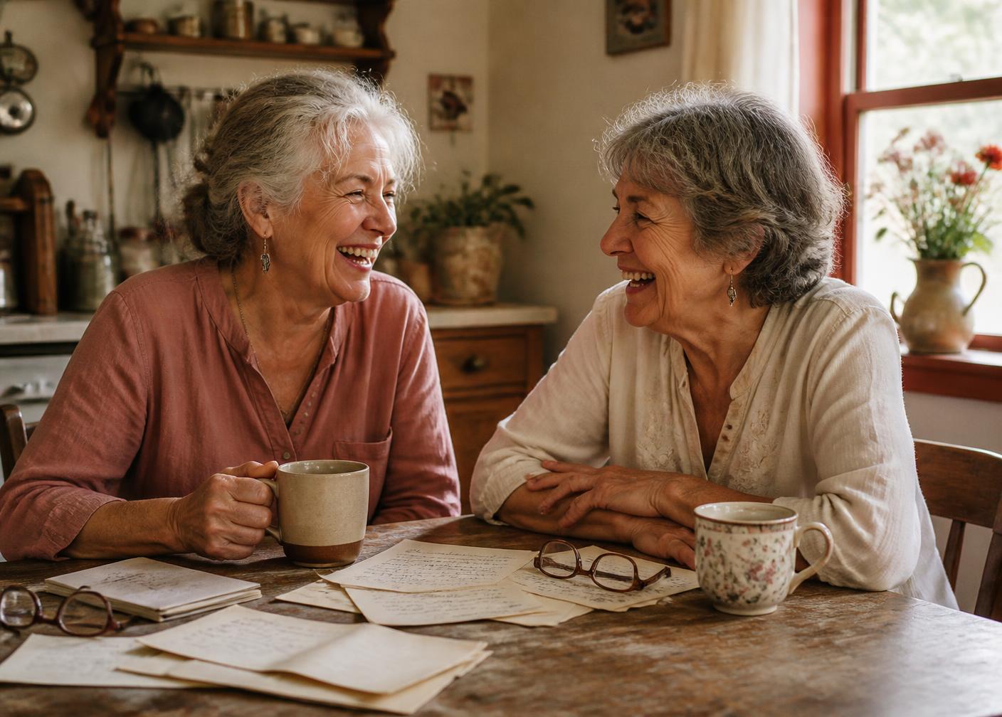 Two women in their late sixties laughing over coffee and handwritten letters at a kitchen table