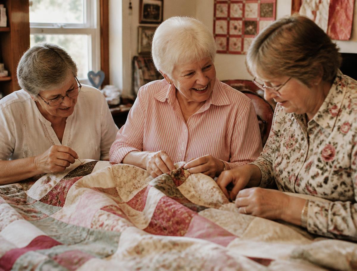 Three women working together on a patchwork quilt, talking and smiling