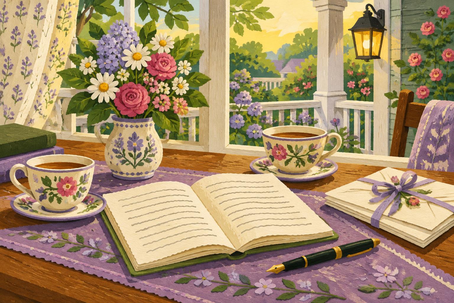 Folk-art illustration of an open letter, two floral teacups, garden flowers, and a glowing porch lamp