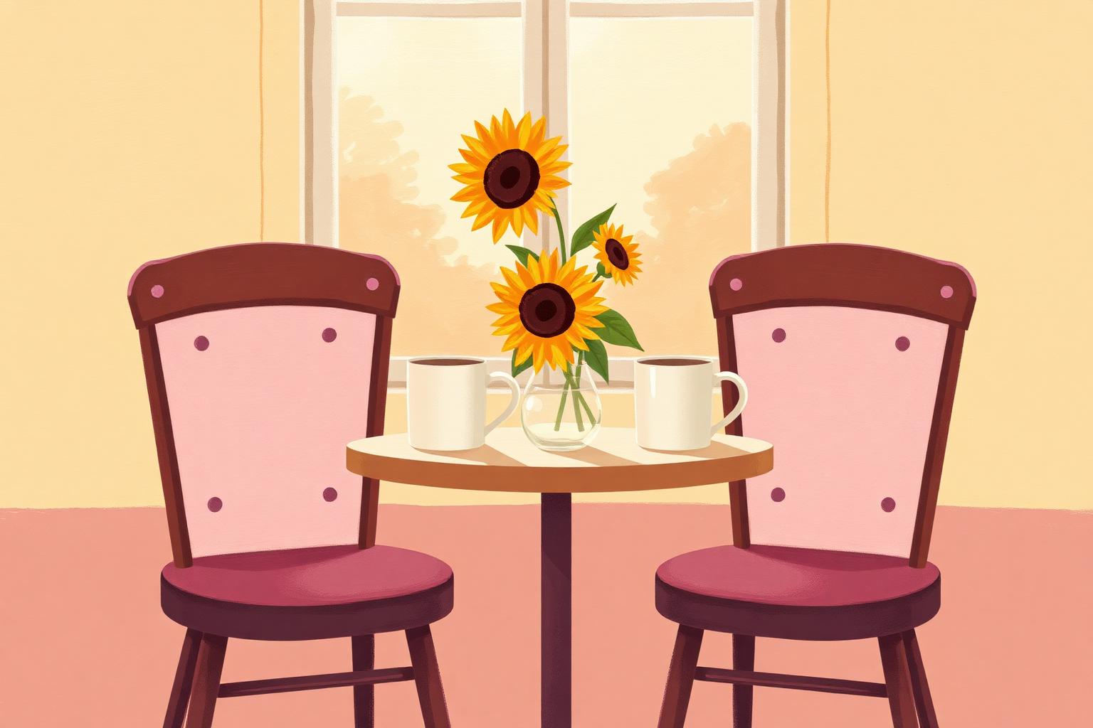 Illustration of two cafe chairs pulled up to a small table with coffee mugs and a vase of sunflowers