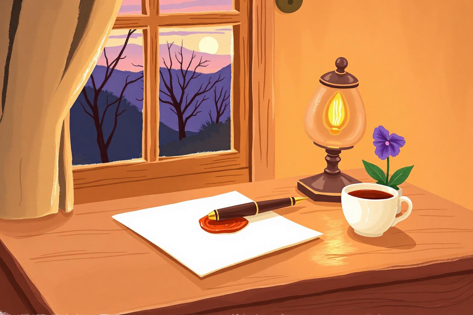 Illustration of a writing desk at dusk with a fountain pen, sealed stationery, a glowing lamp, and a cup of tea