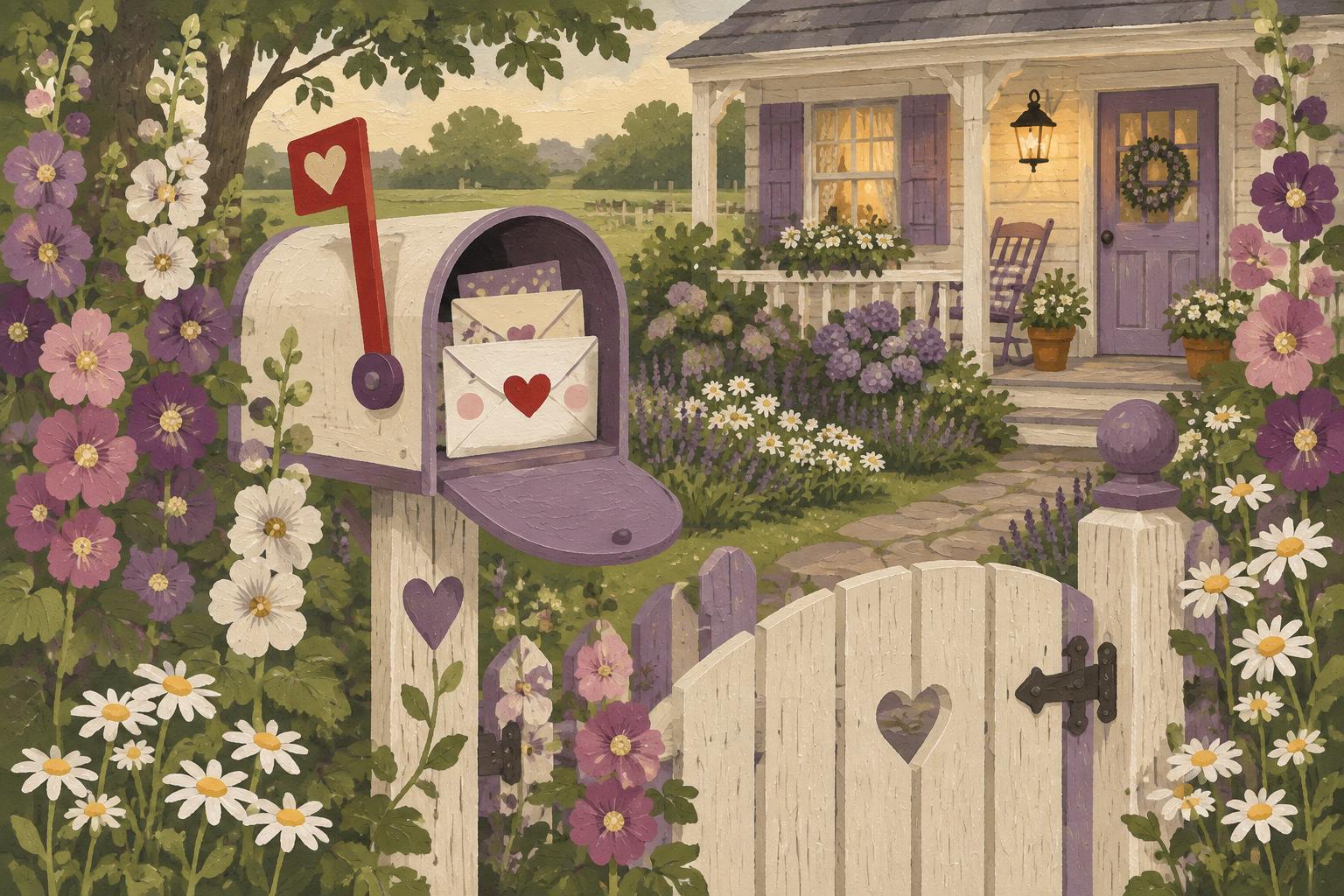 Folk-art illustration of a mailbox full of letters at a cottage garden gate, with a glowing porch lamp behind
