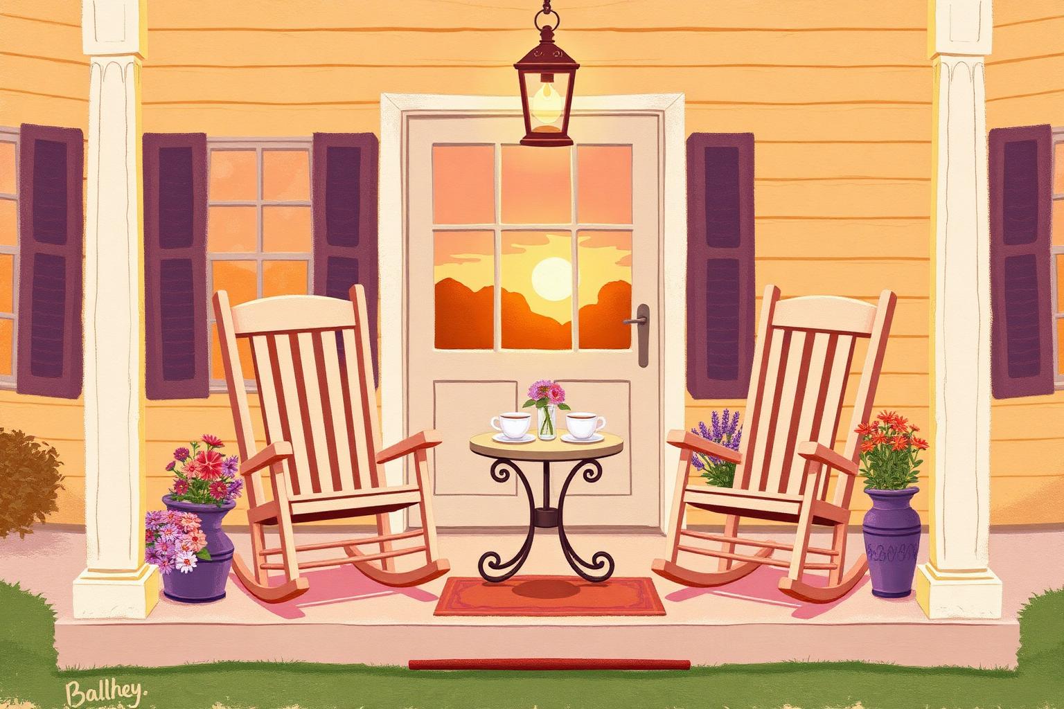 Illustration of a front porch at sunset with two rocking chairs, a glowing lantern, and tea for two