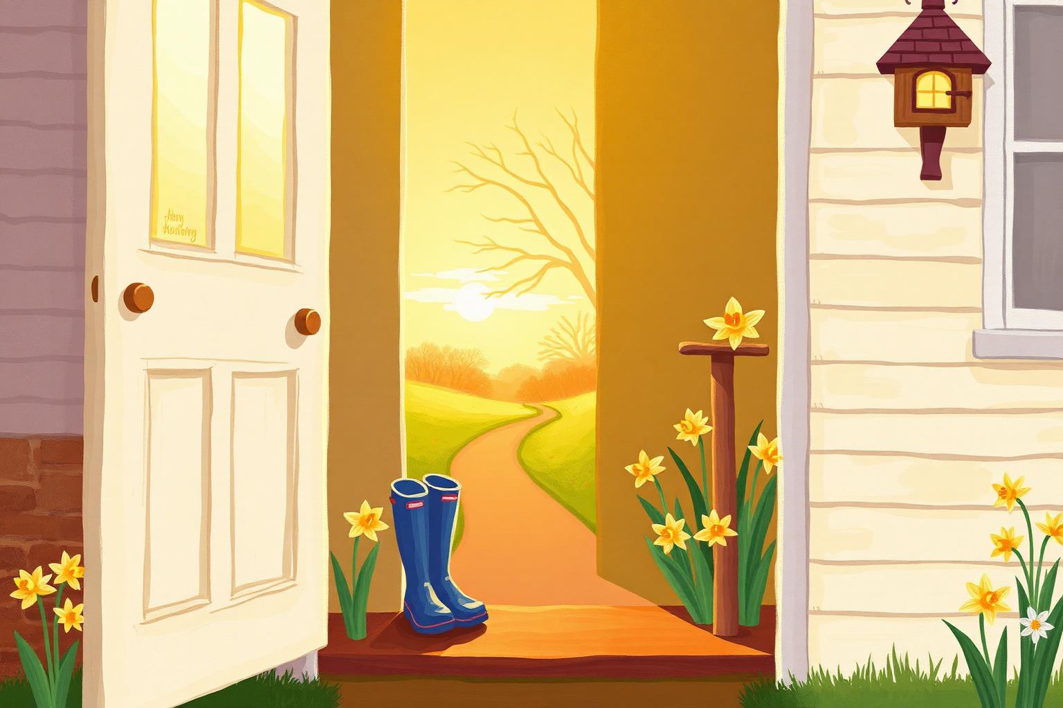Illustration of an open cottage door with warm morning light, daffodils along the path, and rain boots by the step