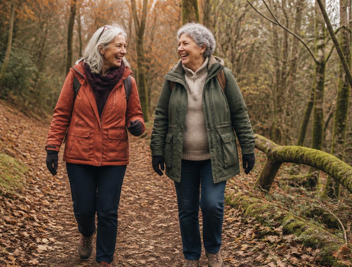 Two women walking a wooded trail together in autumn, laughing